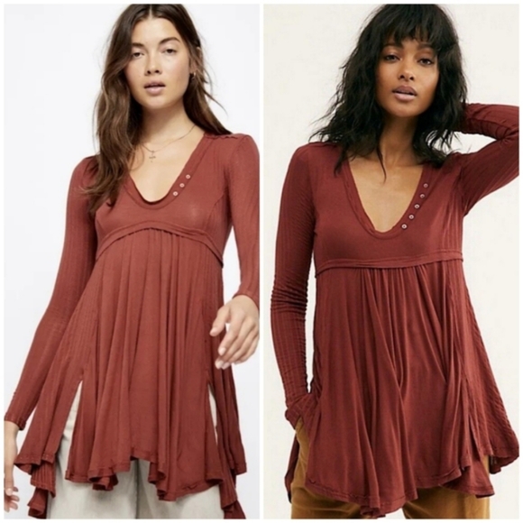 Free People Birdie Henley Top in Cowboy Flowy Tunic Top Brick Red Small - Picture 11 of 13